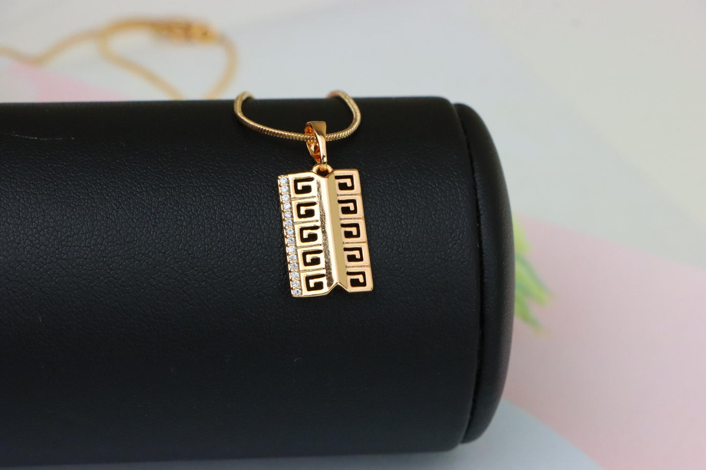 Rose Gold Geometric Rectangle Pendant with Crystal Accent Strip, XPPT1482 (2138-1)