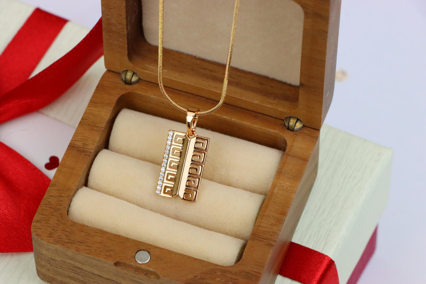 Rose Gold Geometric Rectangle Pendant with Crystal Accent Strip, XPPT1482 (2138-1)