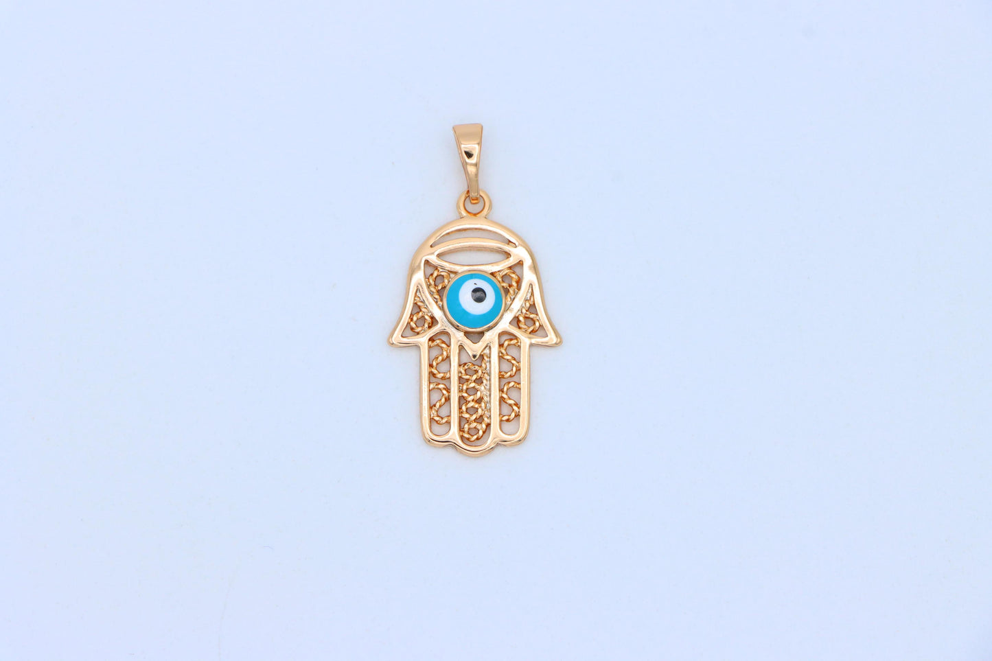 Rose Gold Hamsa Hand Pendant with Blue Evil Eye and Filigree Design, XPPT1483 (2138-2)