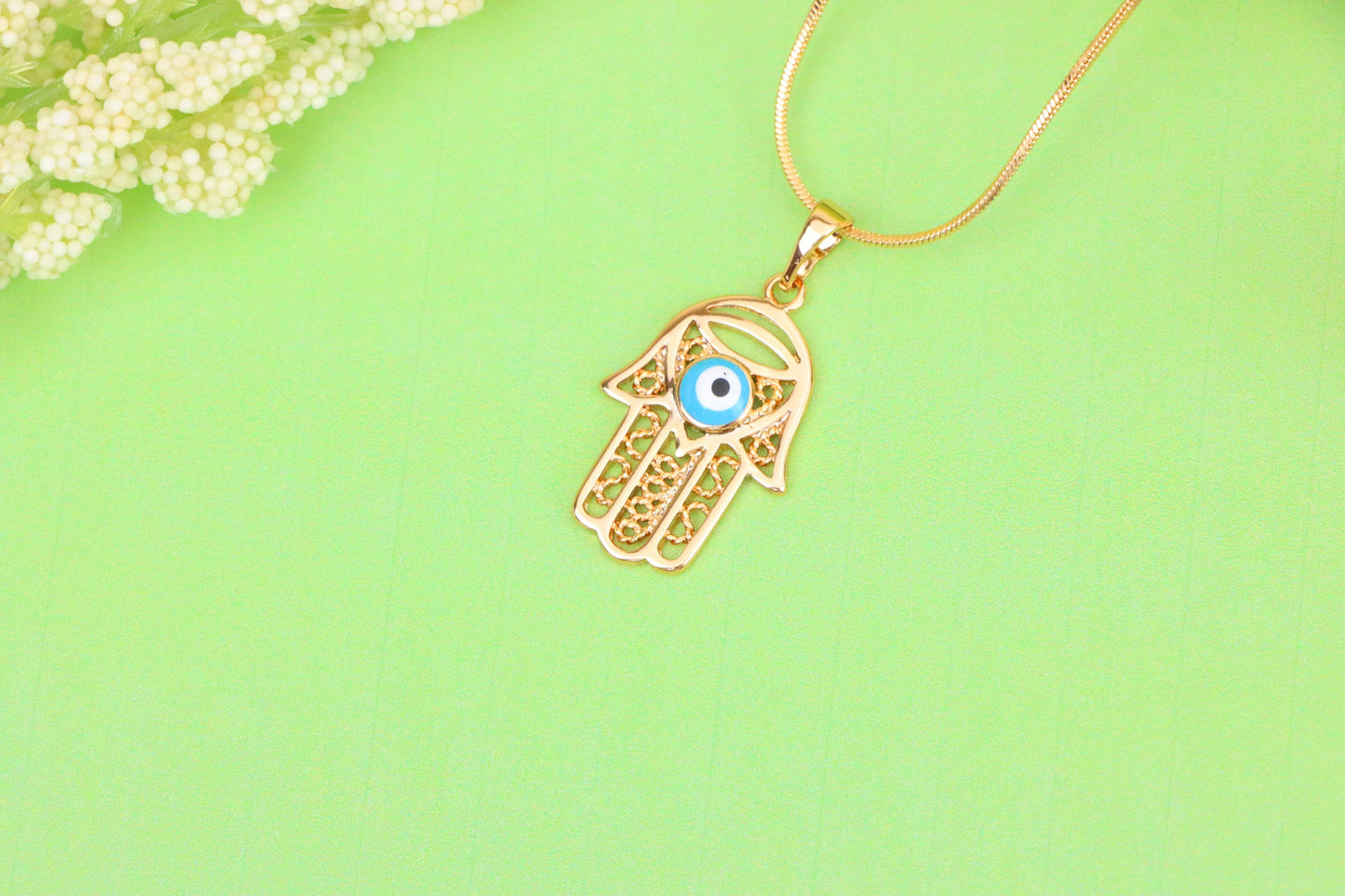 Rose Gold Hamsa Hand Pendant with Blue Evil Eye and Filigree Design, XPPT1483 (2138-2)