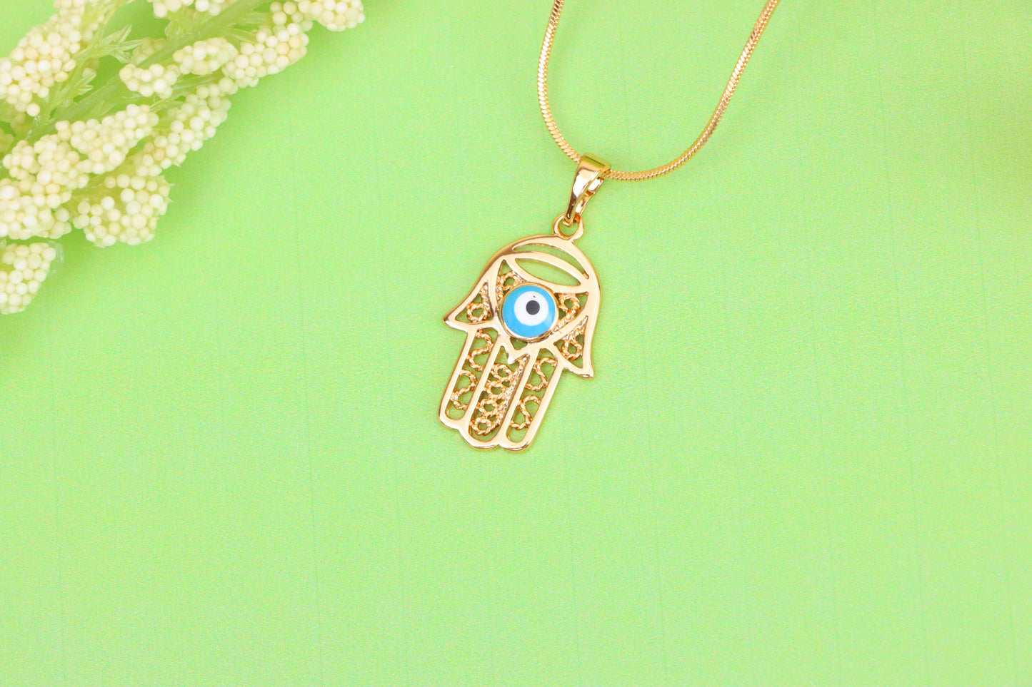 Rose Gold Hamsa Hand Pendant with Blue Evil Eye and Filigree Design, XPPT1483 (2138-2)