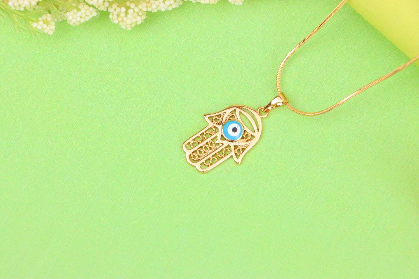 Rose Gold Hamsa Hand Pendant with Blue Evil Eye and Filigree Design, XPPT1483 (2138-2)