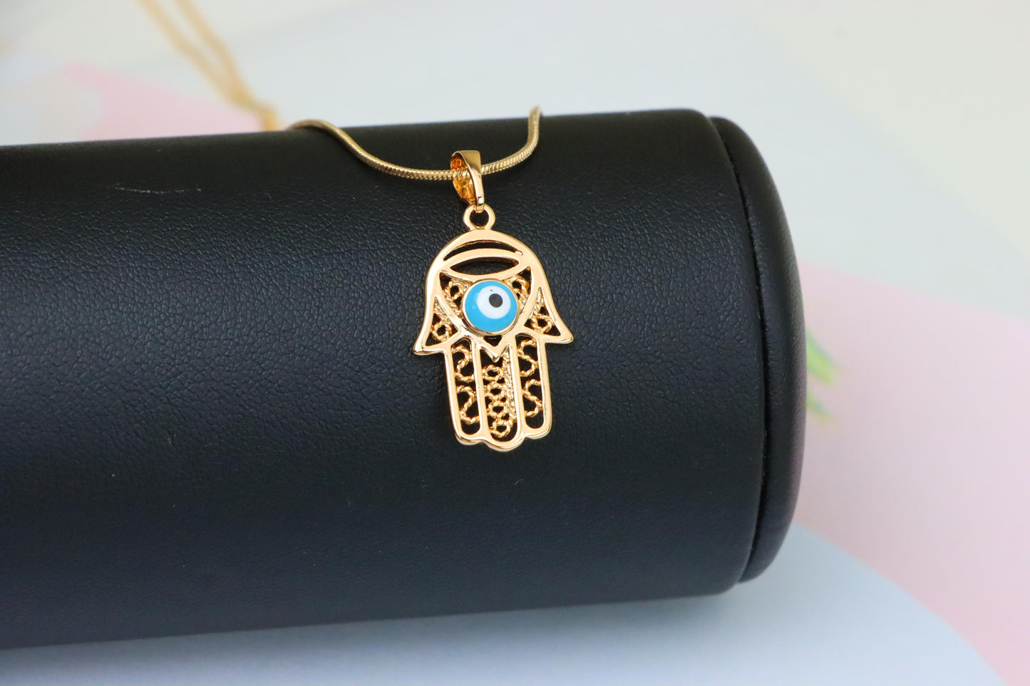 Rose Gold Hamsa Hand Pendant with Blue Evil Eye and Filigree Design, XPPT1483 (2138-2)