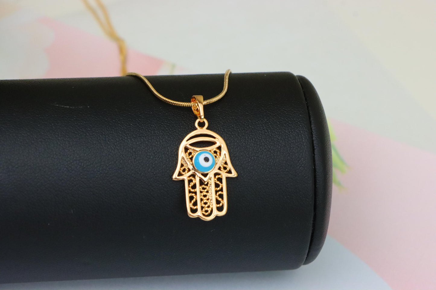 Rose Gold Hamsa Hand Pendant with Blue Evil Eye and Filigree Design, XPPT1483 (2138-2)