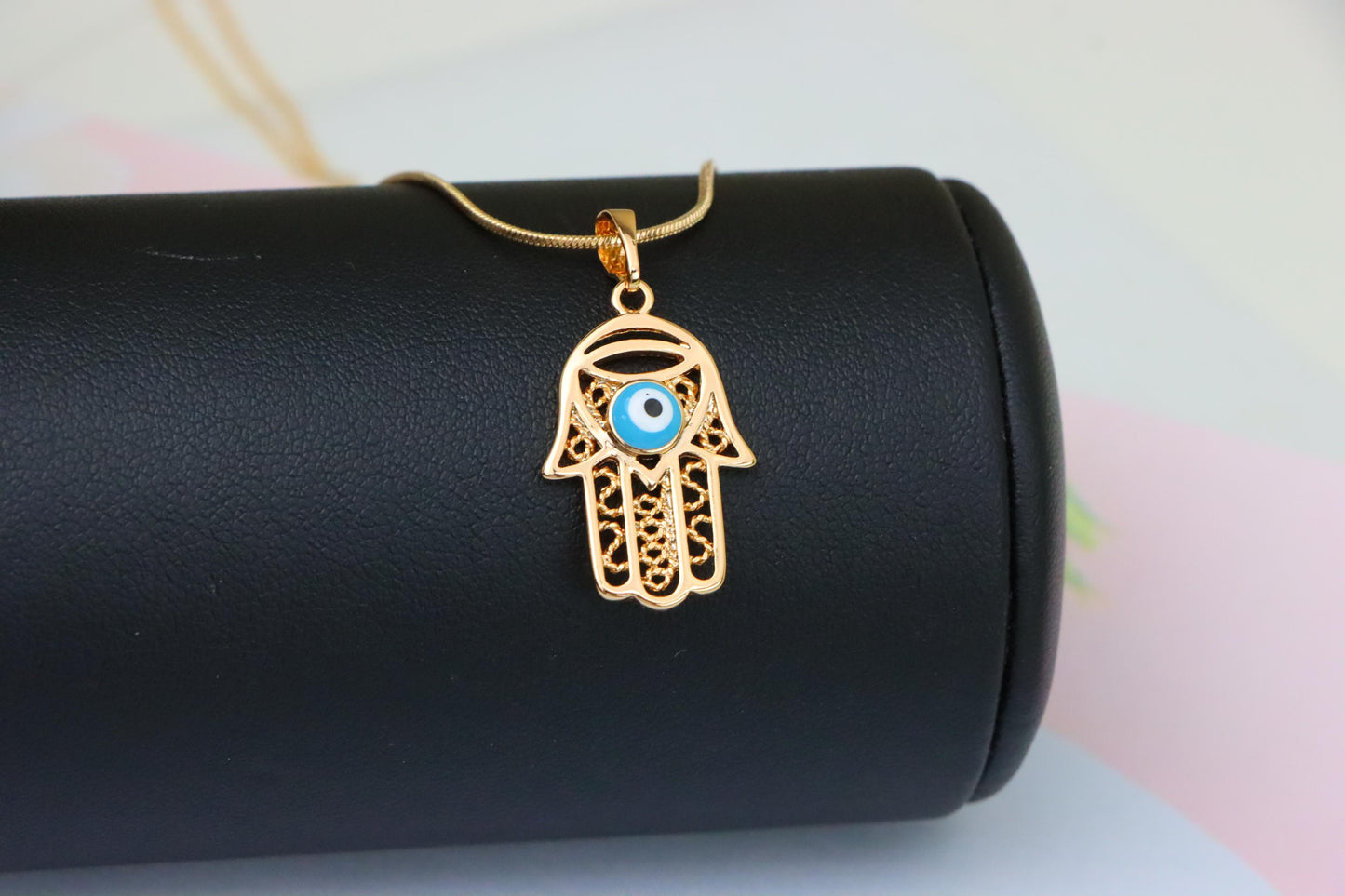 Rose Gold Hamsa Hand Pendant with Blue Evil Eye and Filigree Design, XPPT1483 (2138-2)