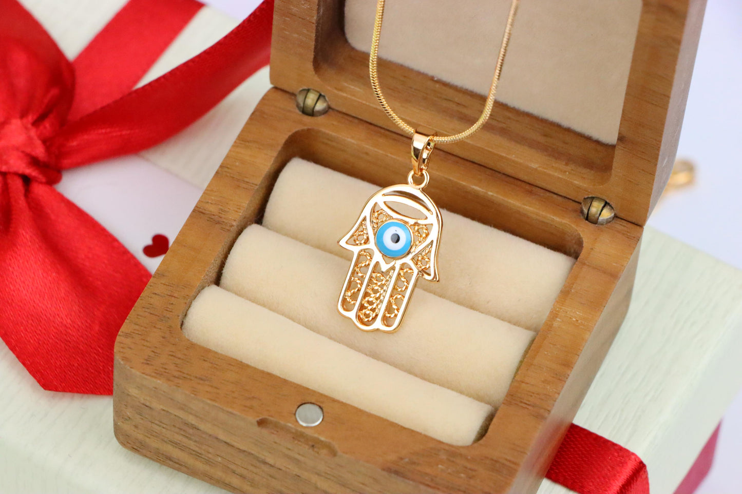 Rose Gold Hamsa Hand Pendant with Blue Evil Eye and Filigree Design, XPPT1483 (2138-2)