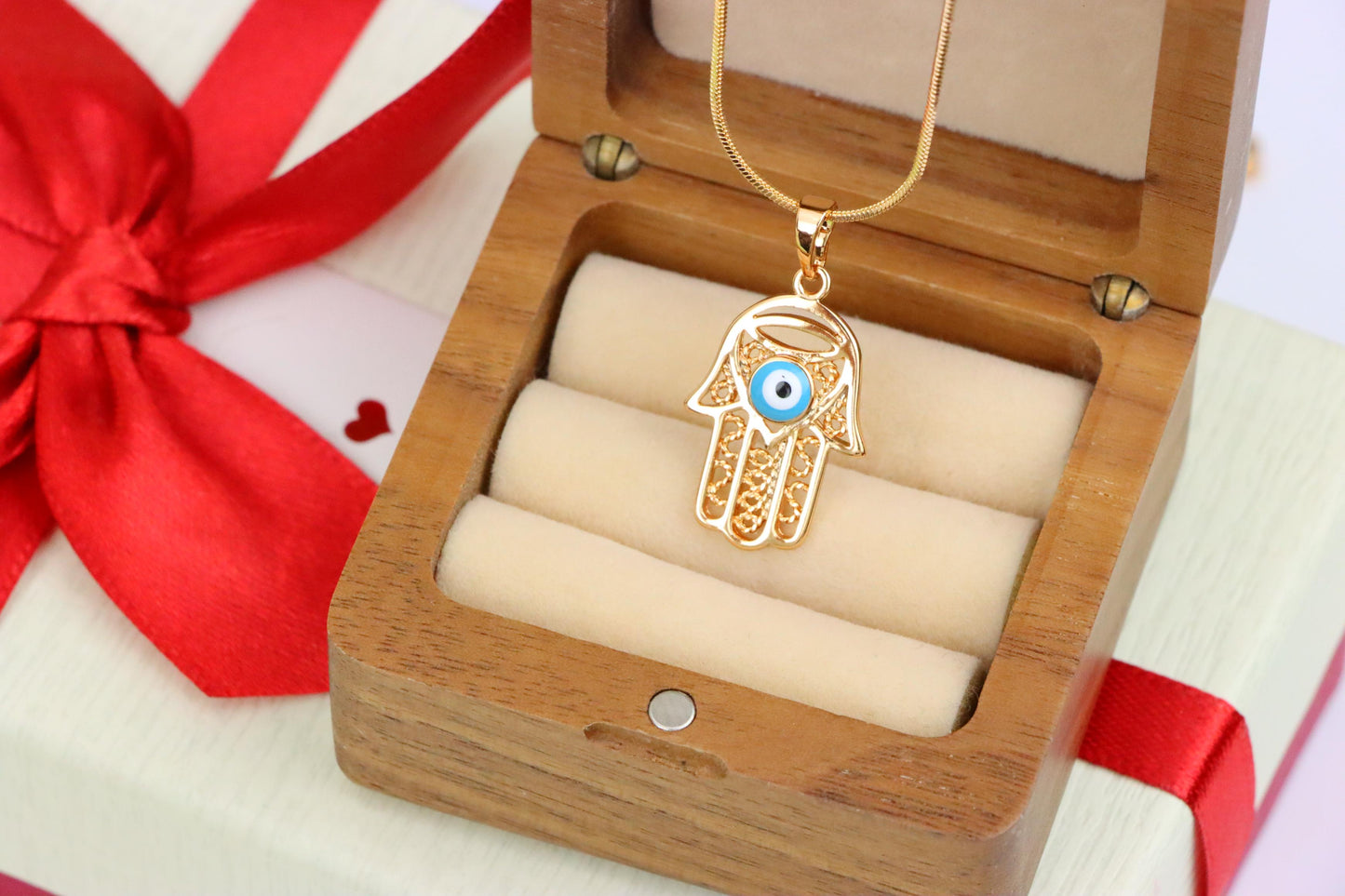 Rose Gold Hamsa Hand Pendant with Blue Evil Eye and Filigree Design, XPPT1483 (2138-2)