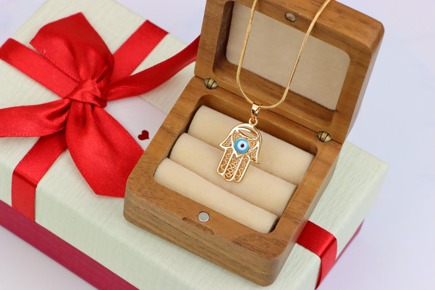 Rose Gold Hamsa Hand Pendant with Blue Evil Eye and Filigree Design, XPPT1483 (2138-2)
