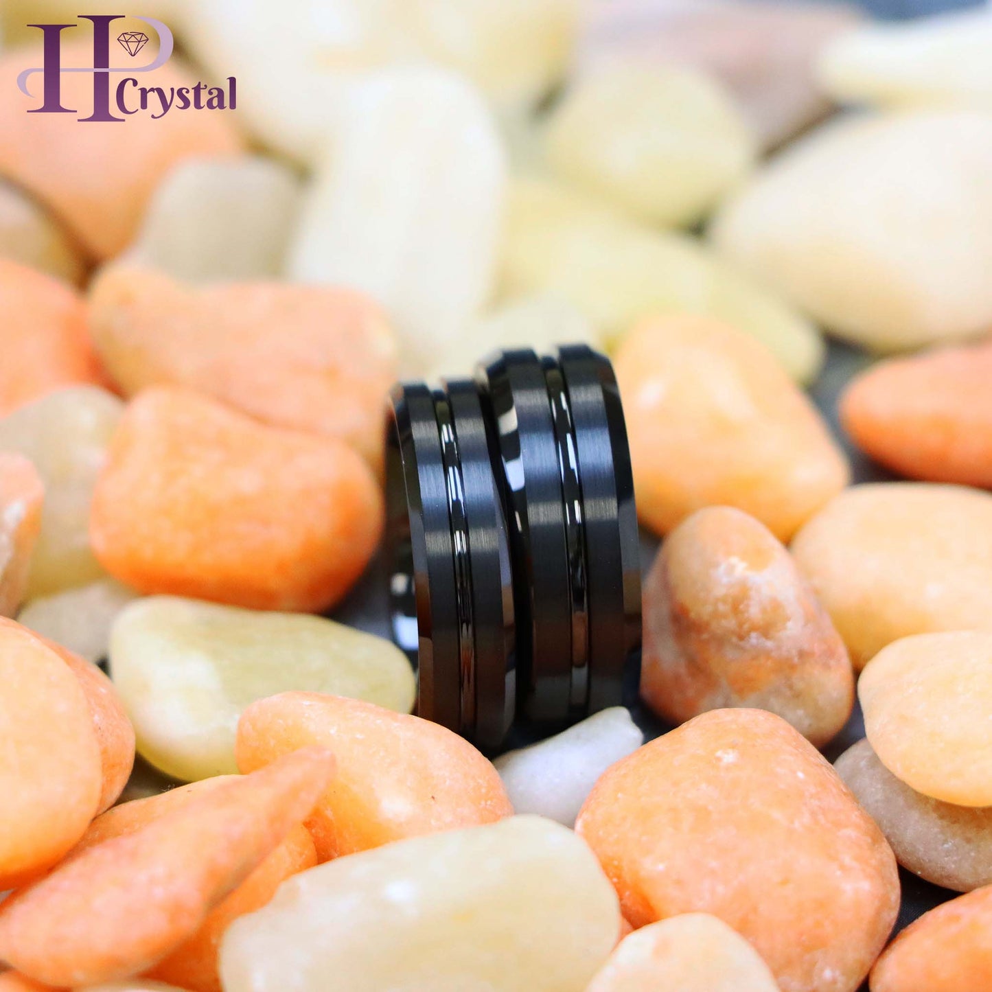 Black IP Plated Shiny Grooved Center Brushed Beveled Edge Tungsten Ring