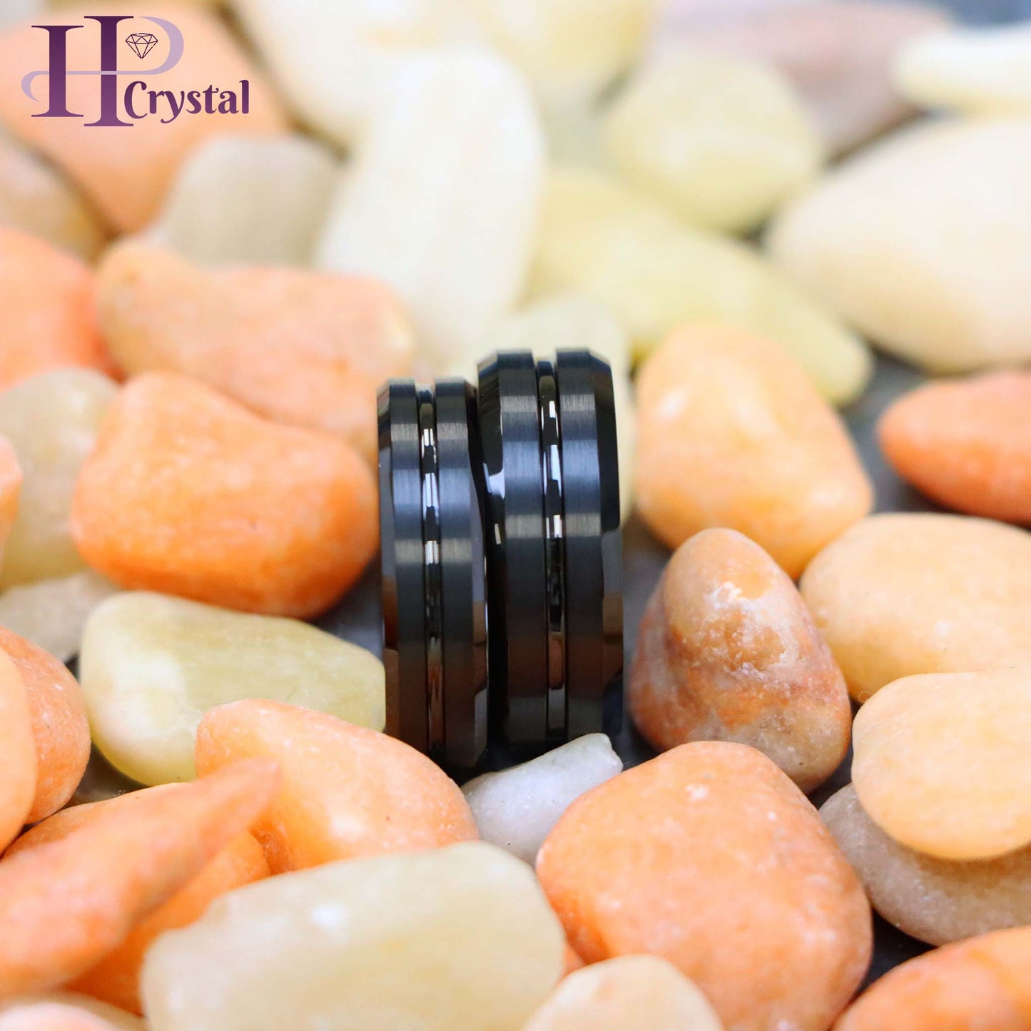Black IP Plated Shiny Grooved Center Brushed Beveled Edge Tungsten Ring
