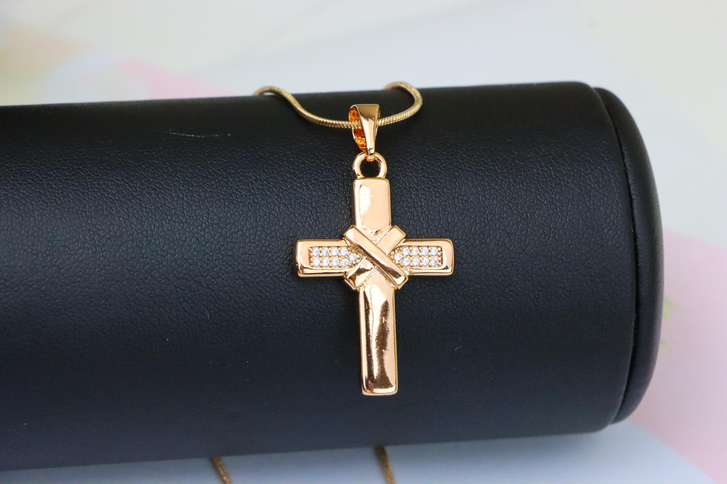 Rose Gold Cross Pendant with Crystal Detail and Polished Finish, XPPT1484 (2138-3)
