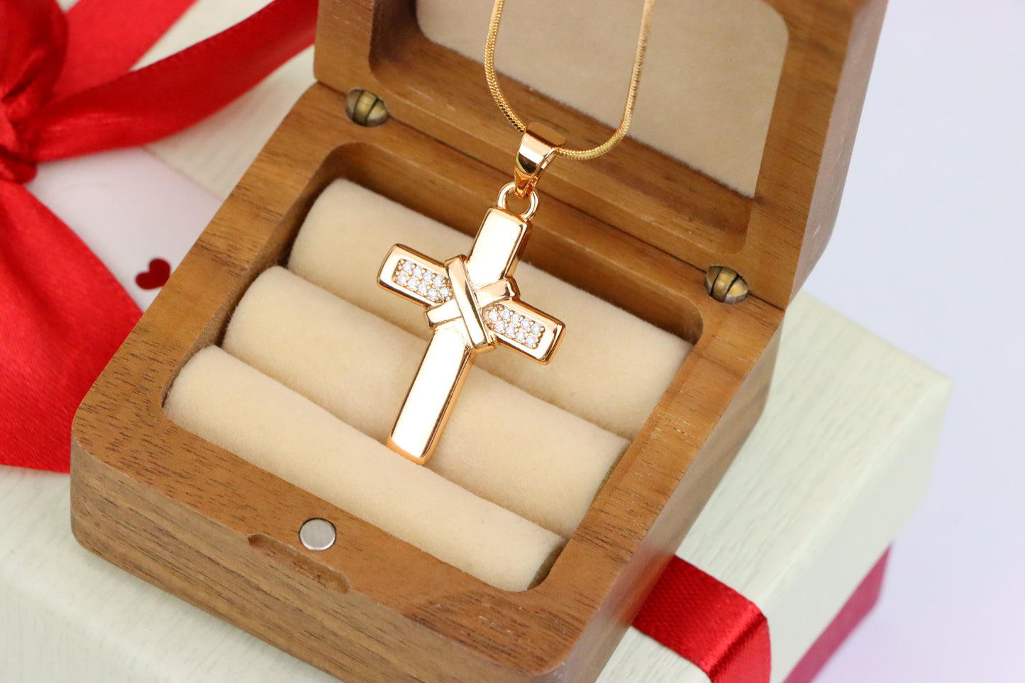 Rose Gold Cross Pendant with Crystal Detail and Polished Finish, XPPT1484 (2138-3)