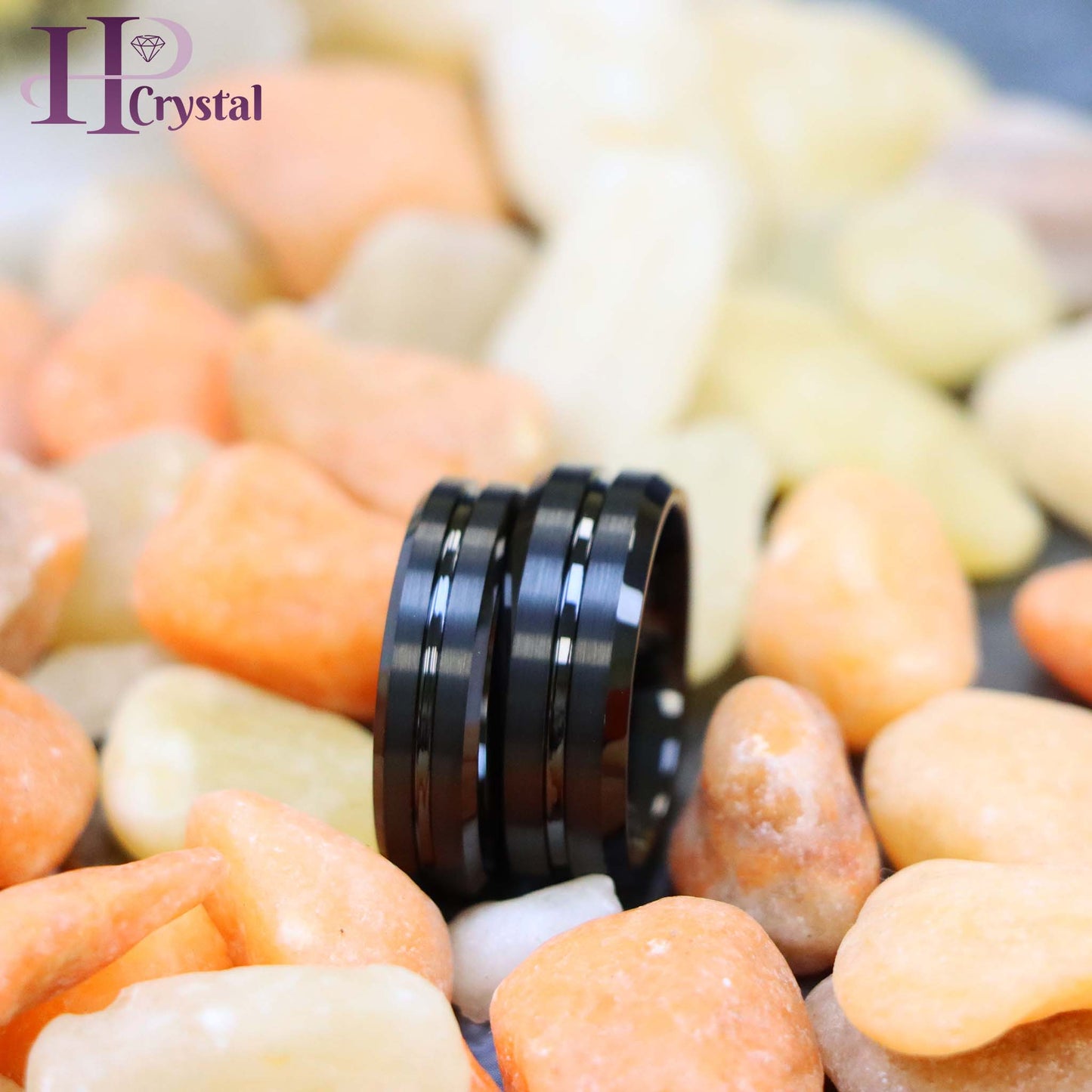 Black IP Plated Shiny Grooved Center Brushed Beveled Edge Tungsten Ring