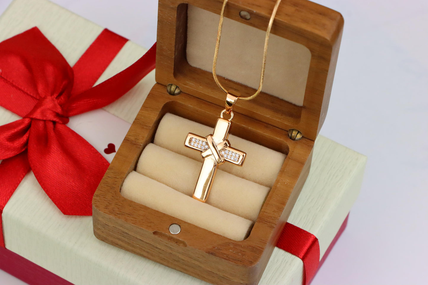 Rose Gold Cross Pendant with Crystal Detail and Polished Finish, XPPT1484 (2138-3)