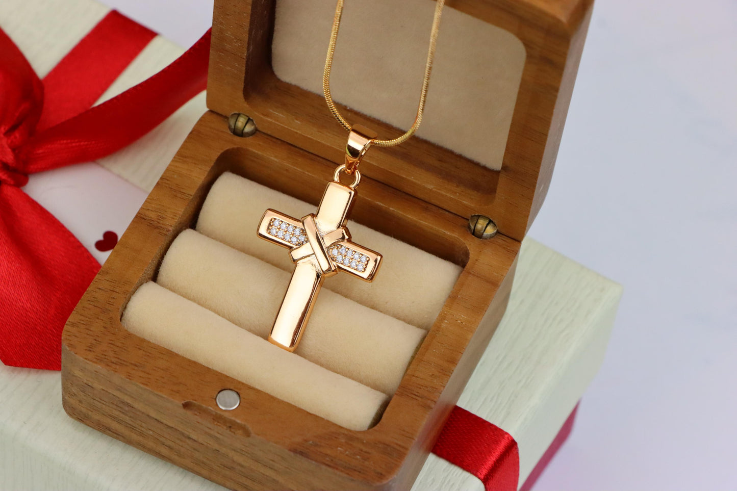 Rose Gold Cross Pendant with Crystal Detail and Polished Finish, XPPT1484 (2138-3)