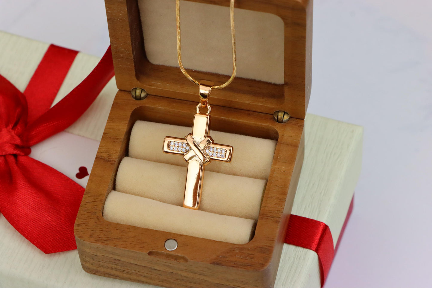 Rose Gold Cross Pendant with Crystal Detail and Polished Finish, XPPT1484 (2138-3)
