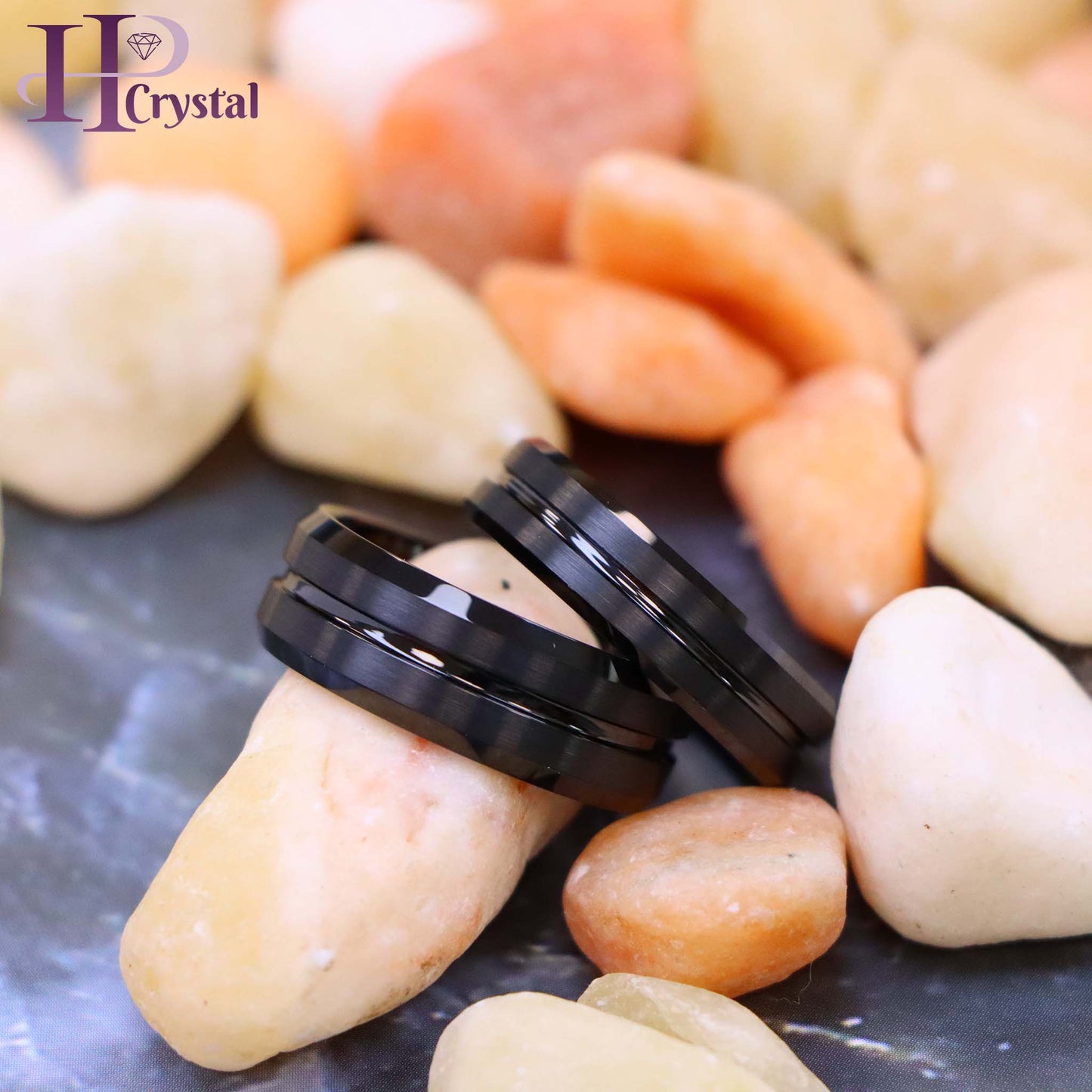 Black IP Plated Shiny Grooved Center Brushed Beveled Edge Tungsten Ring