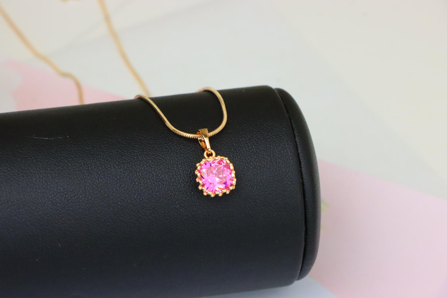 Rose Gold Pendant with Pink Cushion-Cut Stone in Halo Setting, XPPT1485 (2138-4)