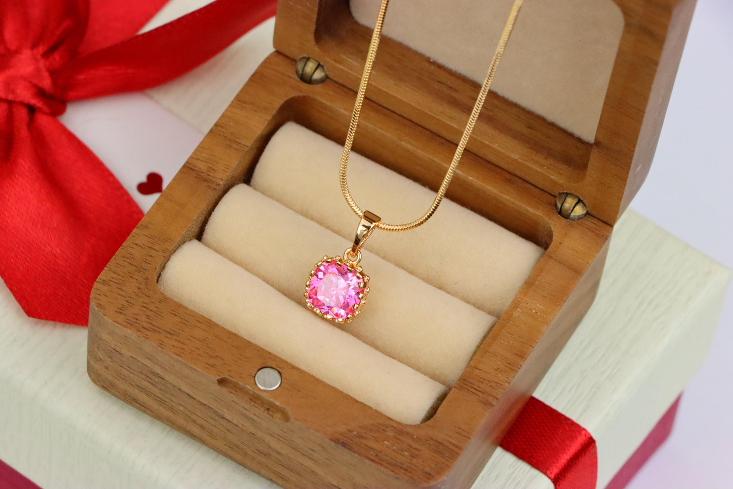 Rose Gold Pendant with Pink Cushion-Cut Stone in Halo Setting, XPPT1485 (2138-4)
