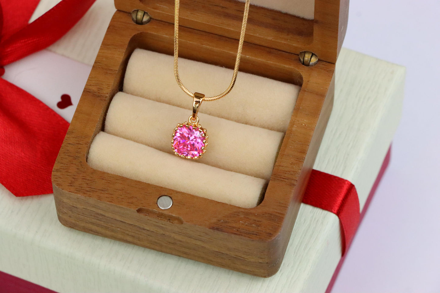 Rose Gold Pendant with Pink Cushion-Cut Stone in Halo Setting, XPPT1485 (2138-4)