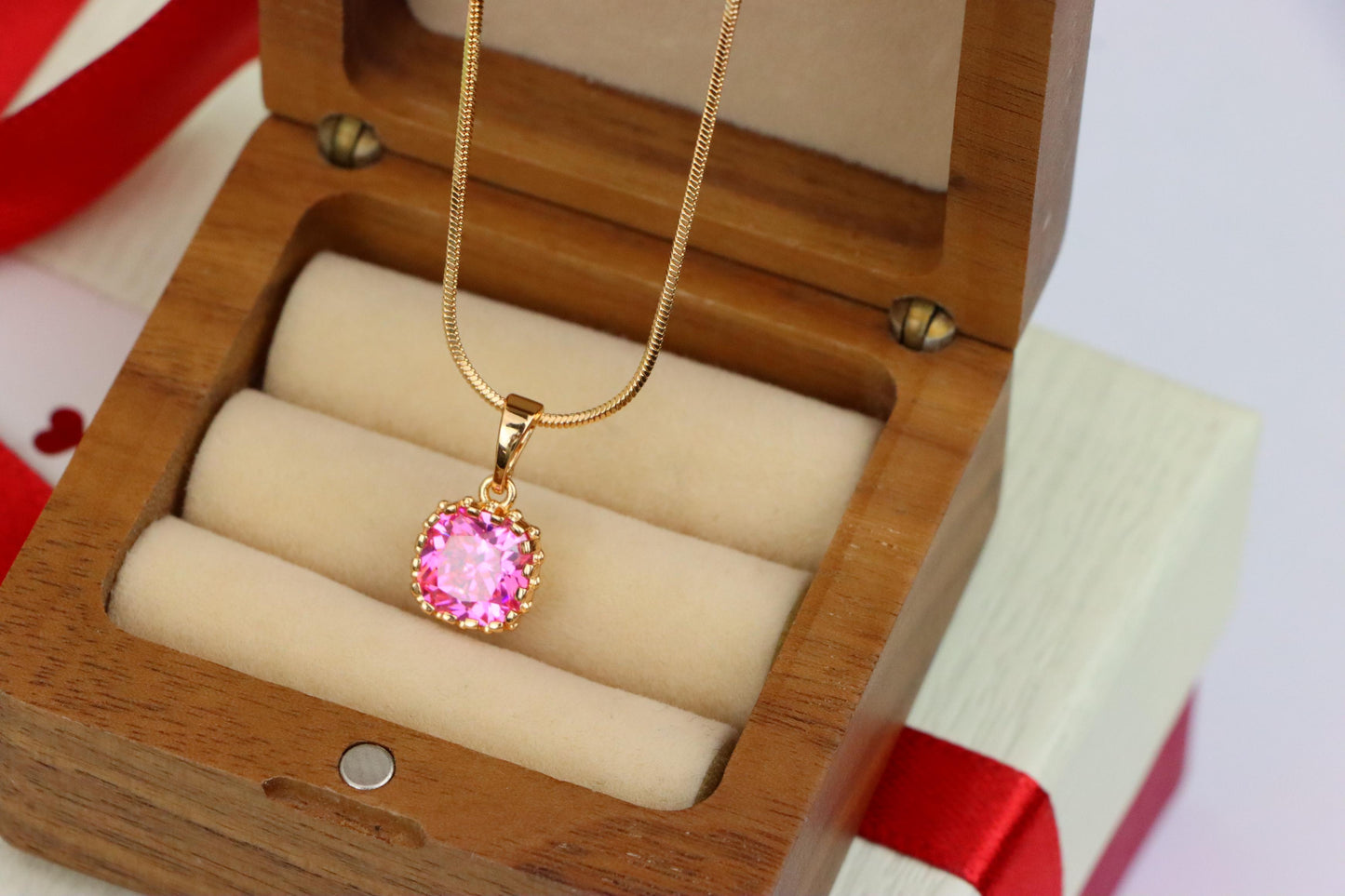 Rose Gold Pendant with Pink Cushion-Cut Stone in Halo Setting, XPPT1485 (2138-4)