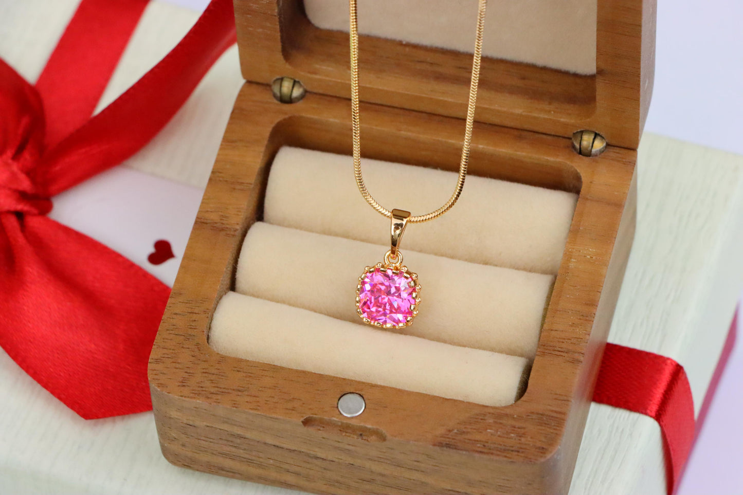 Rose Gold Pendant with Pink Cushion-Cut Stone in Halo Setting, XPPT1485 (2138-4)