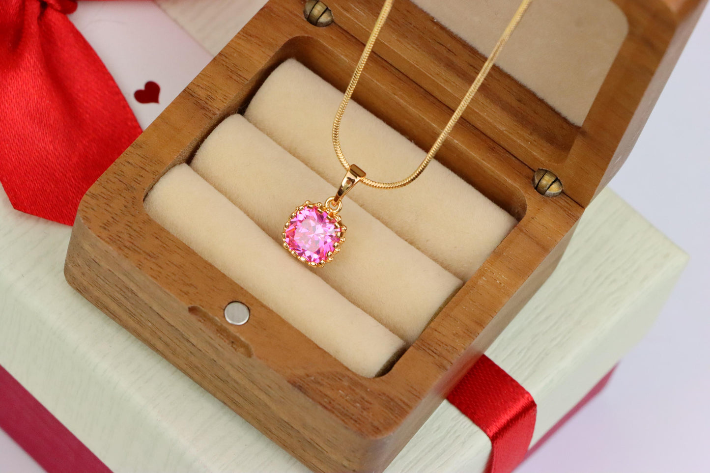 Rose Gold Pendant with Pink Cushion-Cut Stone in Halo Setting, XPPT1485 (2138-4)