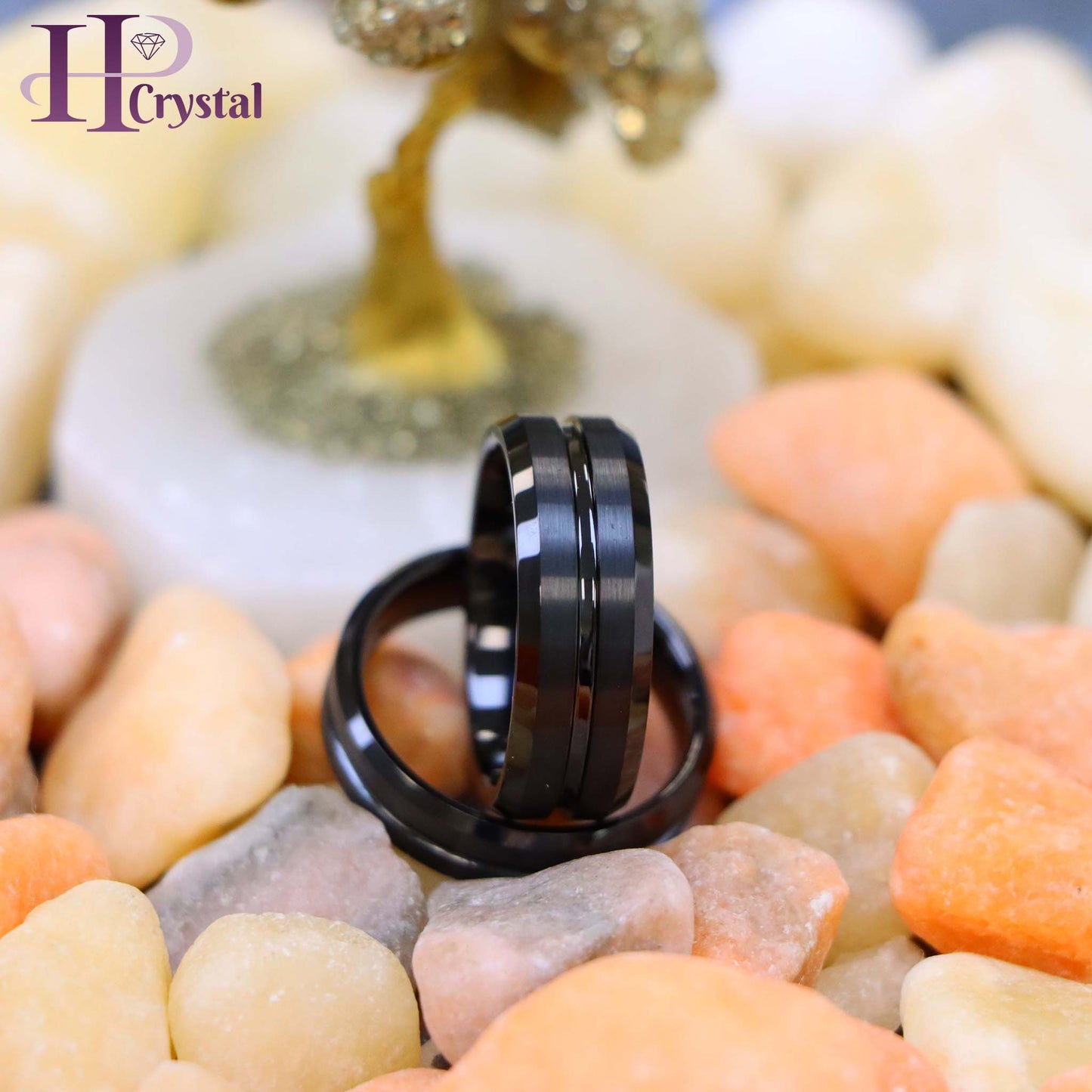 Black IP Plated Shiny Grooved Center Brushed Beveled Edge Tungsten Ring