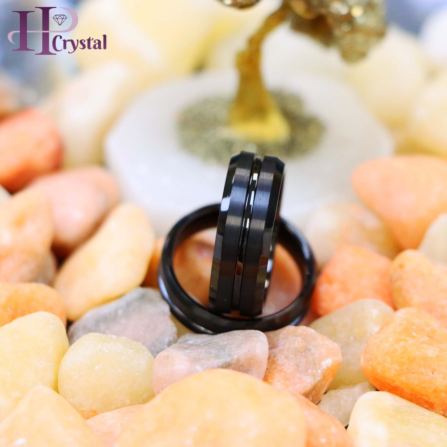 Black IP Plated Shiny Grooved Center Brushed Beveled Edge Tungsten Ring