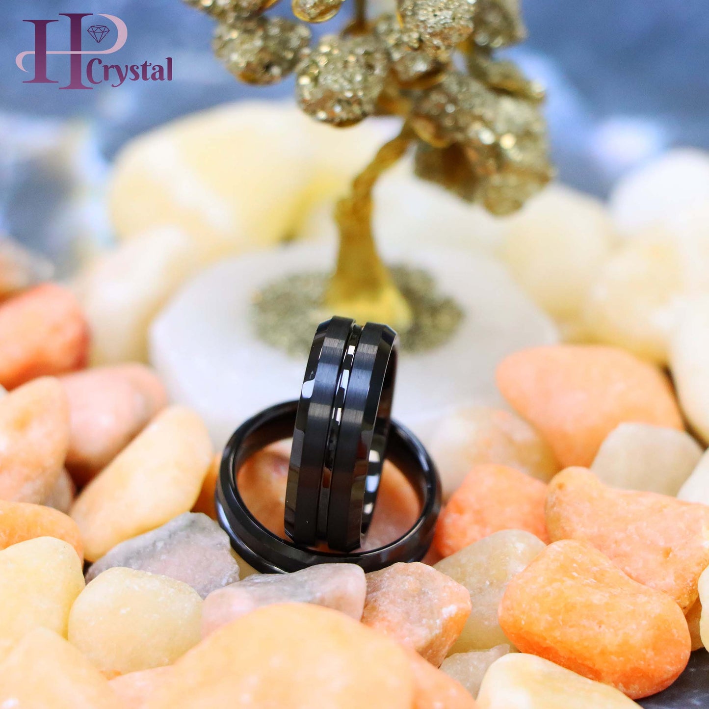 Black IP Plated Shiny Grooved Center Brushed Beveled Edge Tungsten Ring