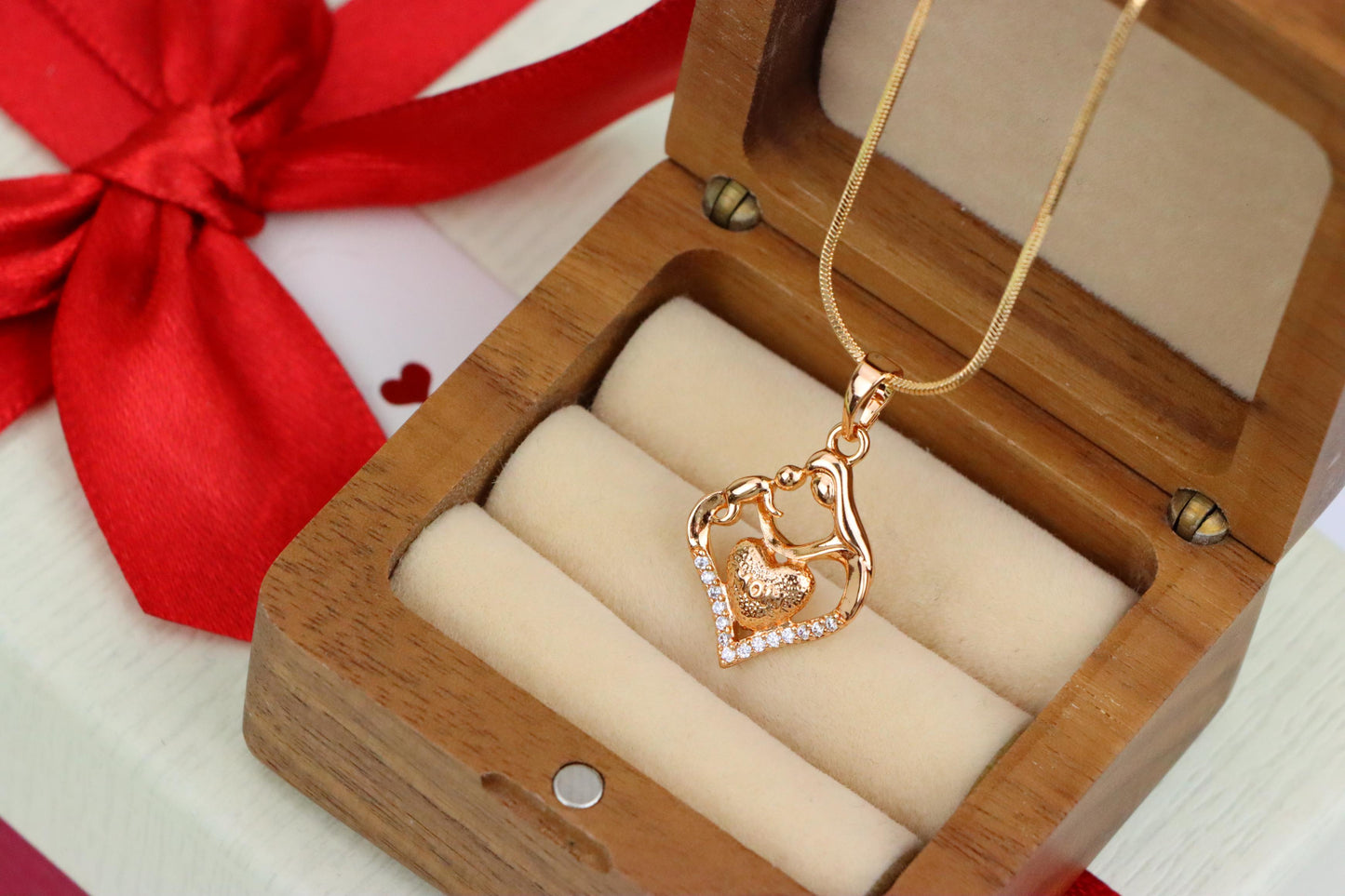 Rose Gold Mom and Child Heart Pendant with Crystals Gift for Mom, XPPT1486 (2138-5)