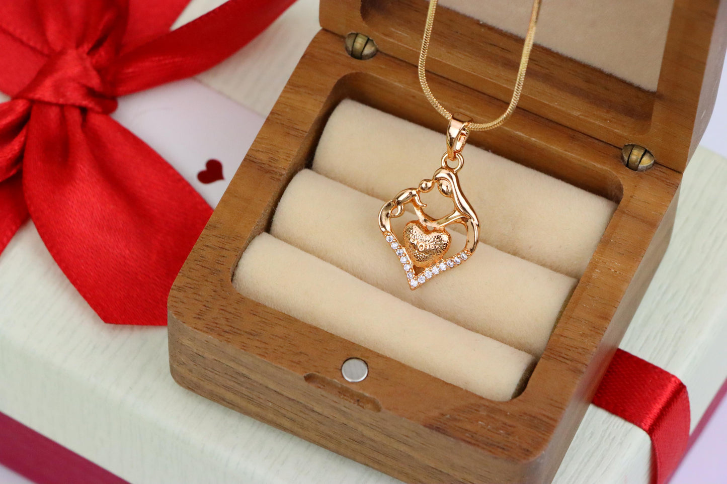 Rose Gold Mom and Child Heart Pendant with Crystals Gift for Mom, XPPT1486 (2138-5)