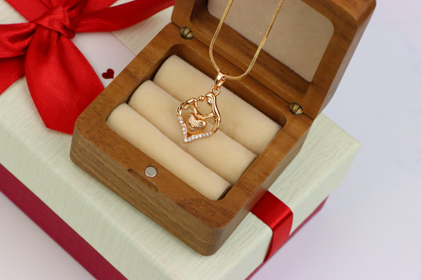 Rose Gold Mom and Child Heart Pendant with Crystals Gift for Mom, XPPT1486 (2138-5)