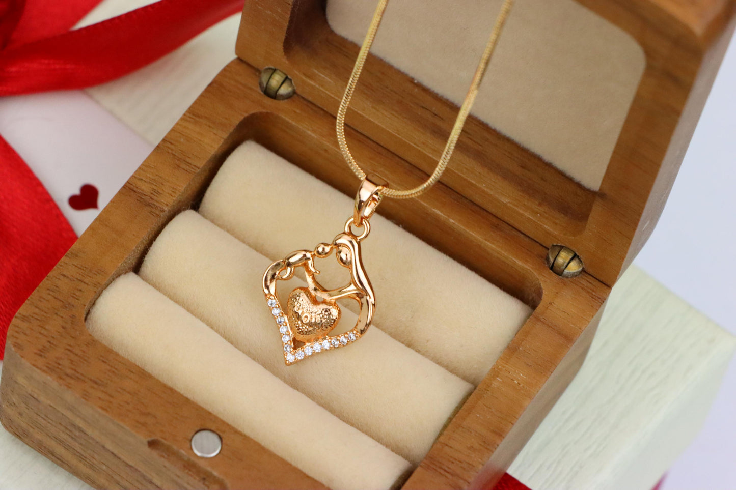Rose Gold Mom and Child Heart Pendant with Crystals Gift for Mom, XPPT1486 (2138-5)