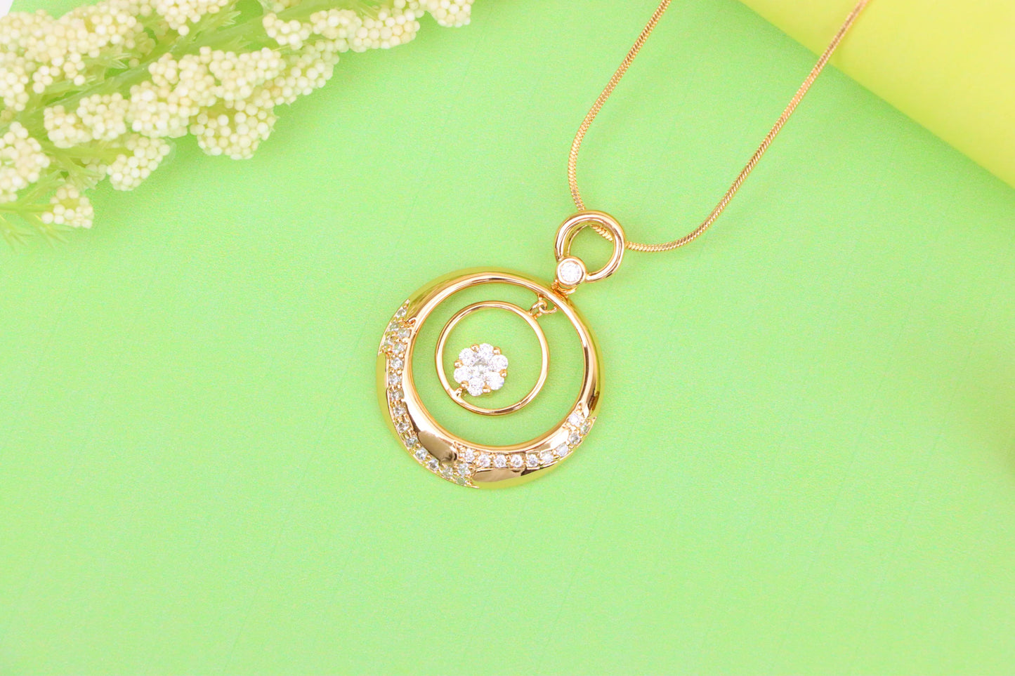 Rose Gold Circular Pendant with Floating Crystal Flower Design, XPPT1487 (2138-6)