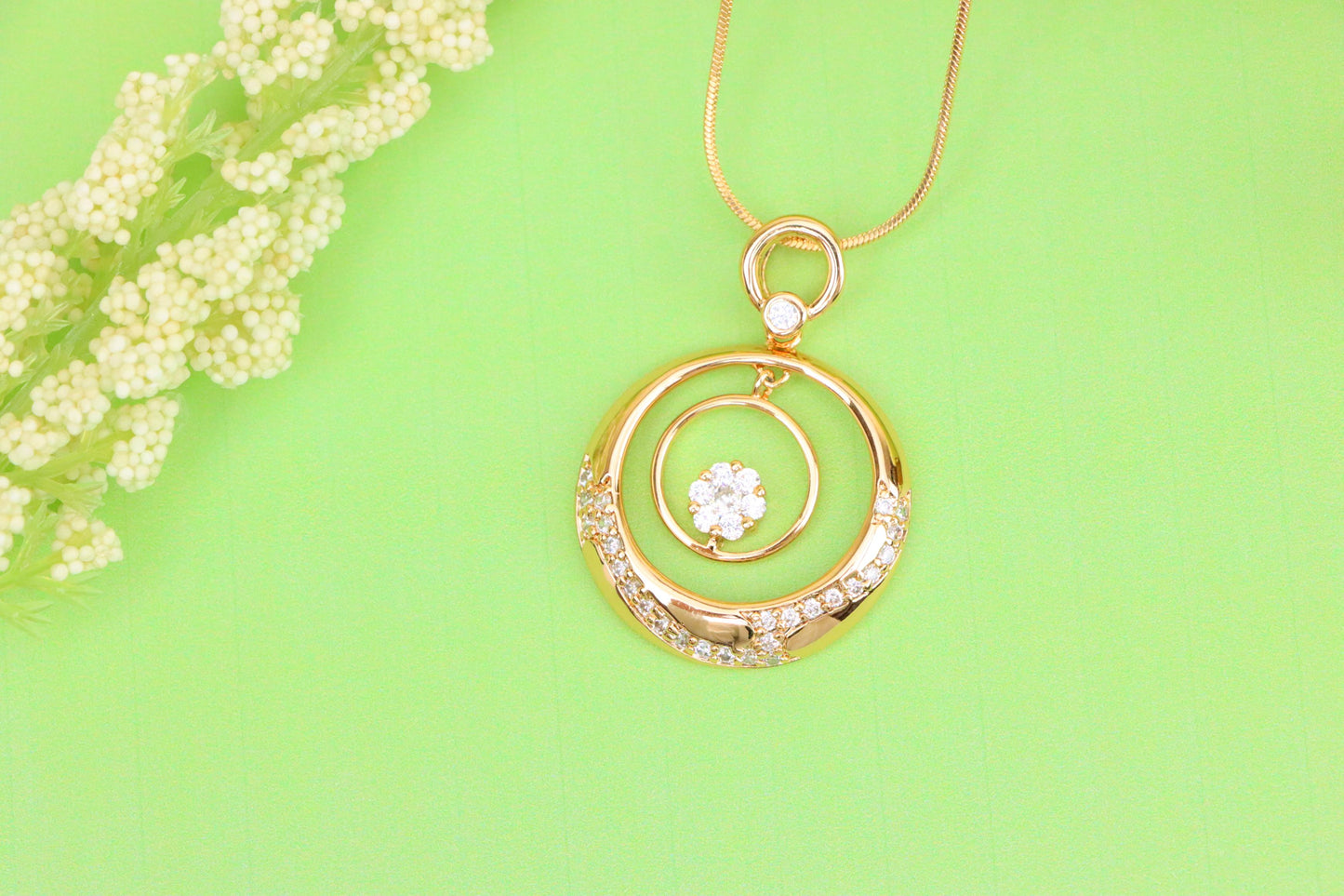 Rose Gold Circular Pendant with Floating Crystal Flower Design, XPPT1487 (2138-6)