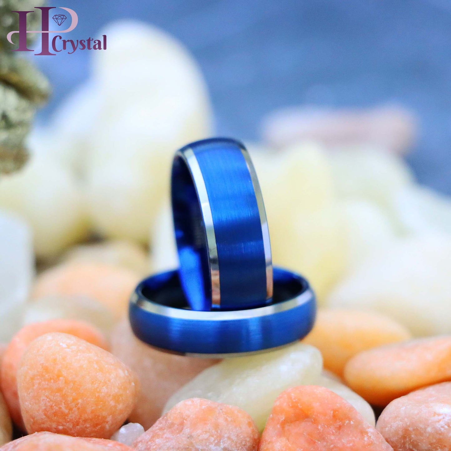 Blue IP Plated Domed Brushed Center High Polished Beveled Edge Tungsten Ring