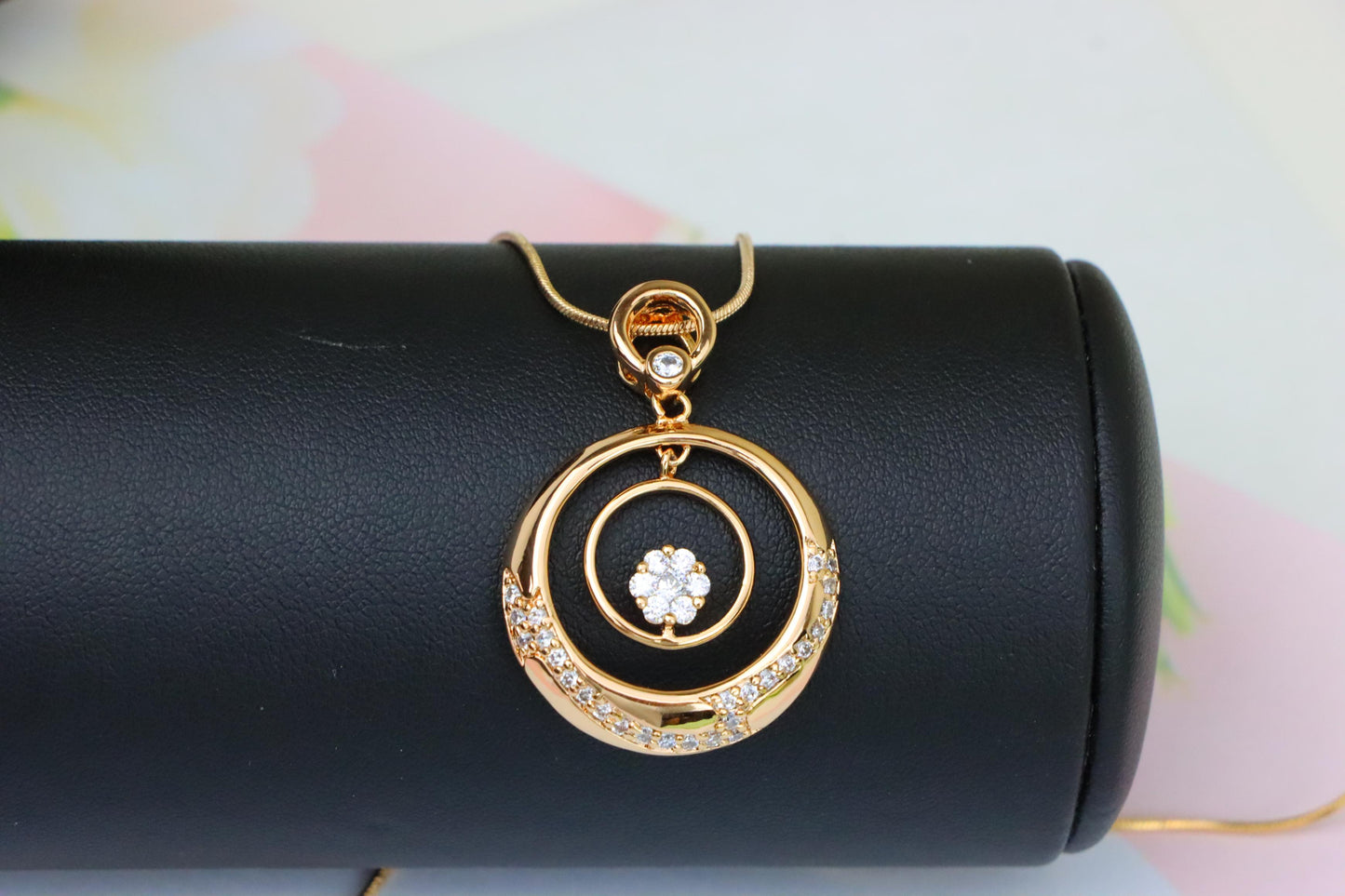 Rose Gold Circular Pendant with Floating Crystal Flower Design, XPPT1487 (2138-6)