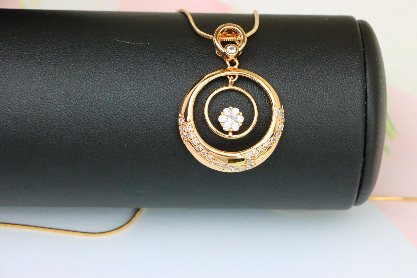Rose Gold Circular Pendant with Floating Crystal Flower Design, XPPT1487 (2138-6)