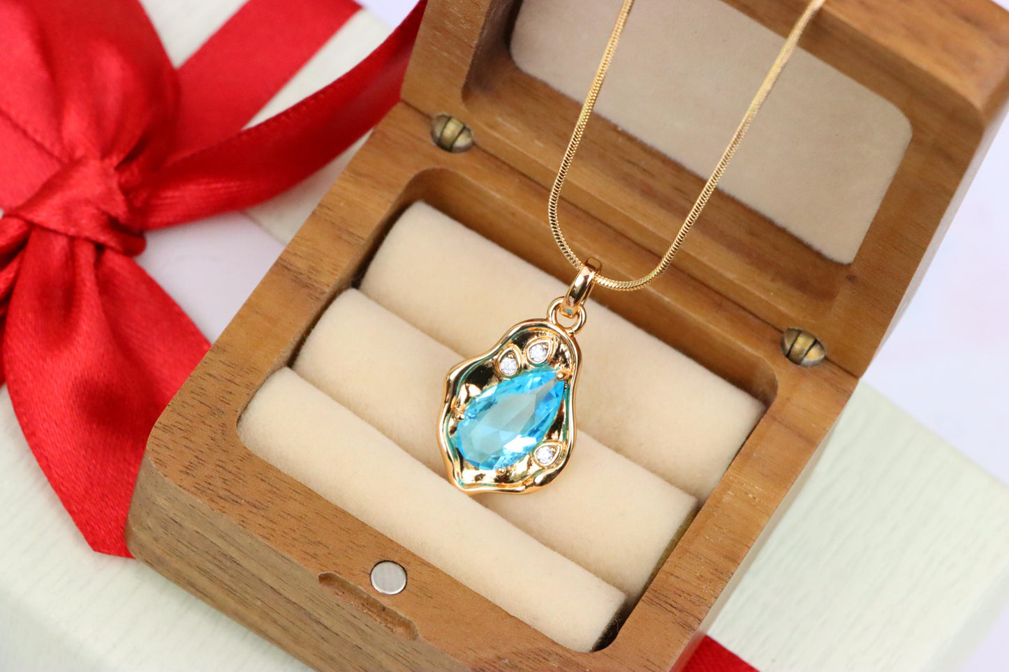 Elegant Sky Blue Teardrop Pendant in Gold Frame, XPPT1736 (2162-9)