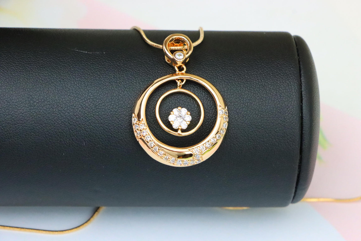 Rose Gold Circular Pendant with Floating Crystal Flower Design, XPPT1487 (2138-6)