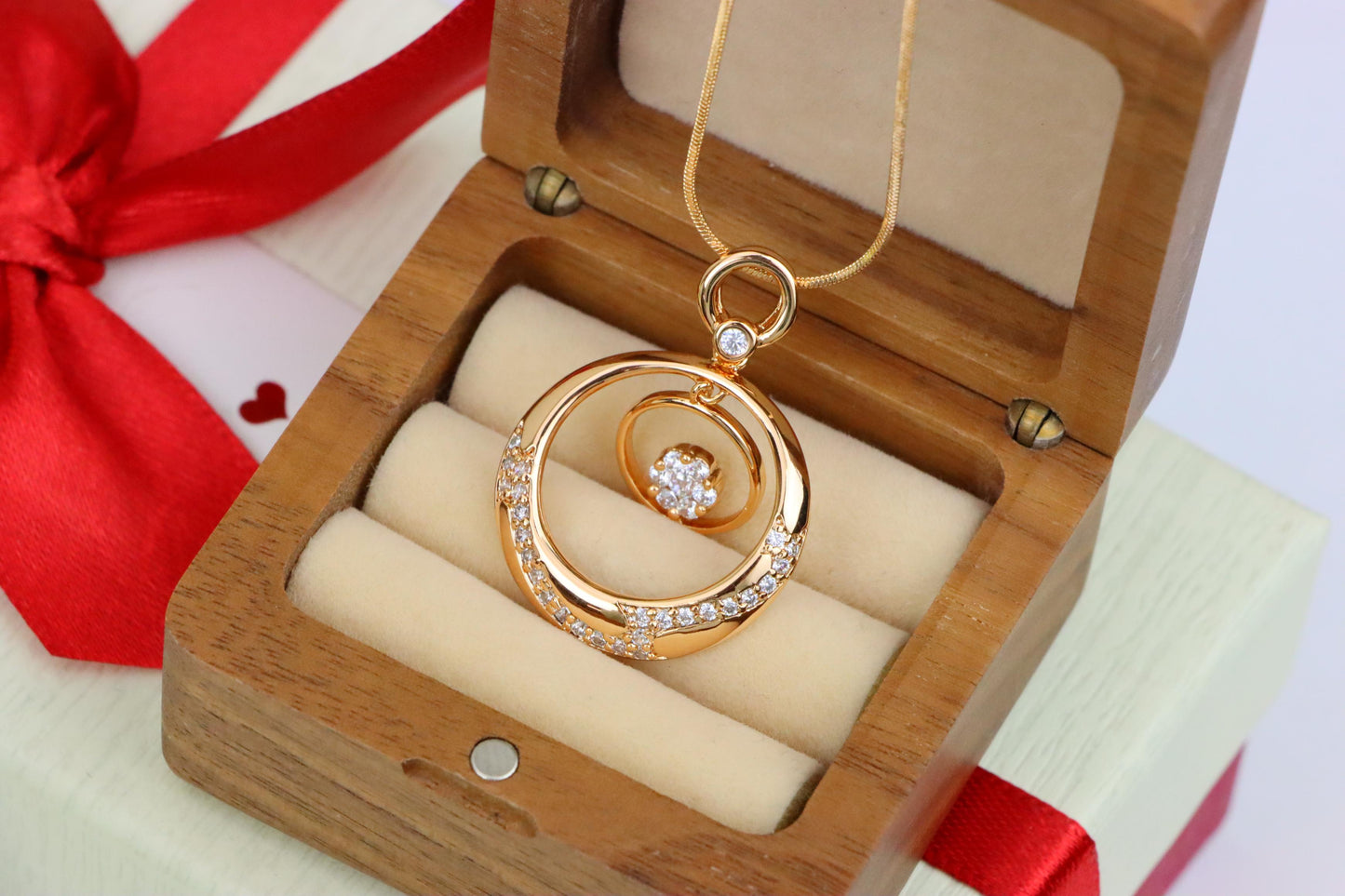 Rose Gold Circular Pendant with Floating Crystal Flower Design, XPPT1487 (2138-6)