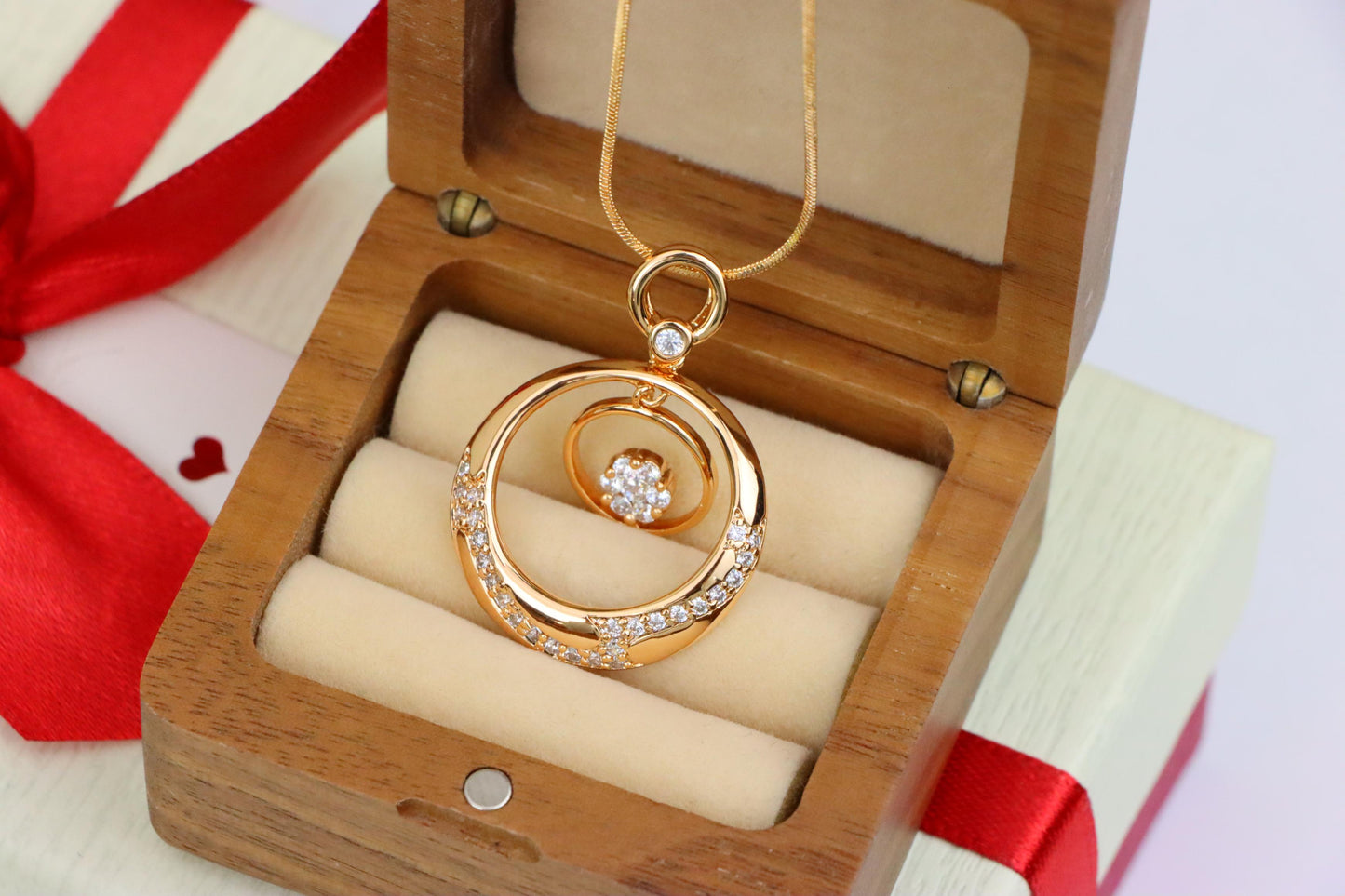 Rose Gold Circular Pendant with Floating Crystal Flower Design, XPPT1487 (2138-6)