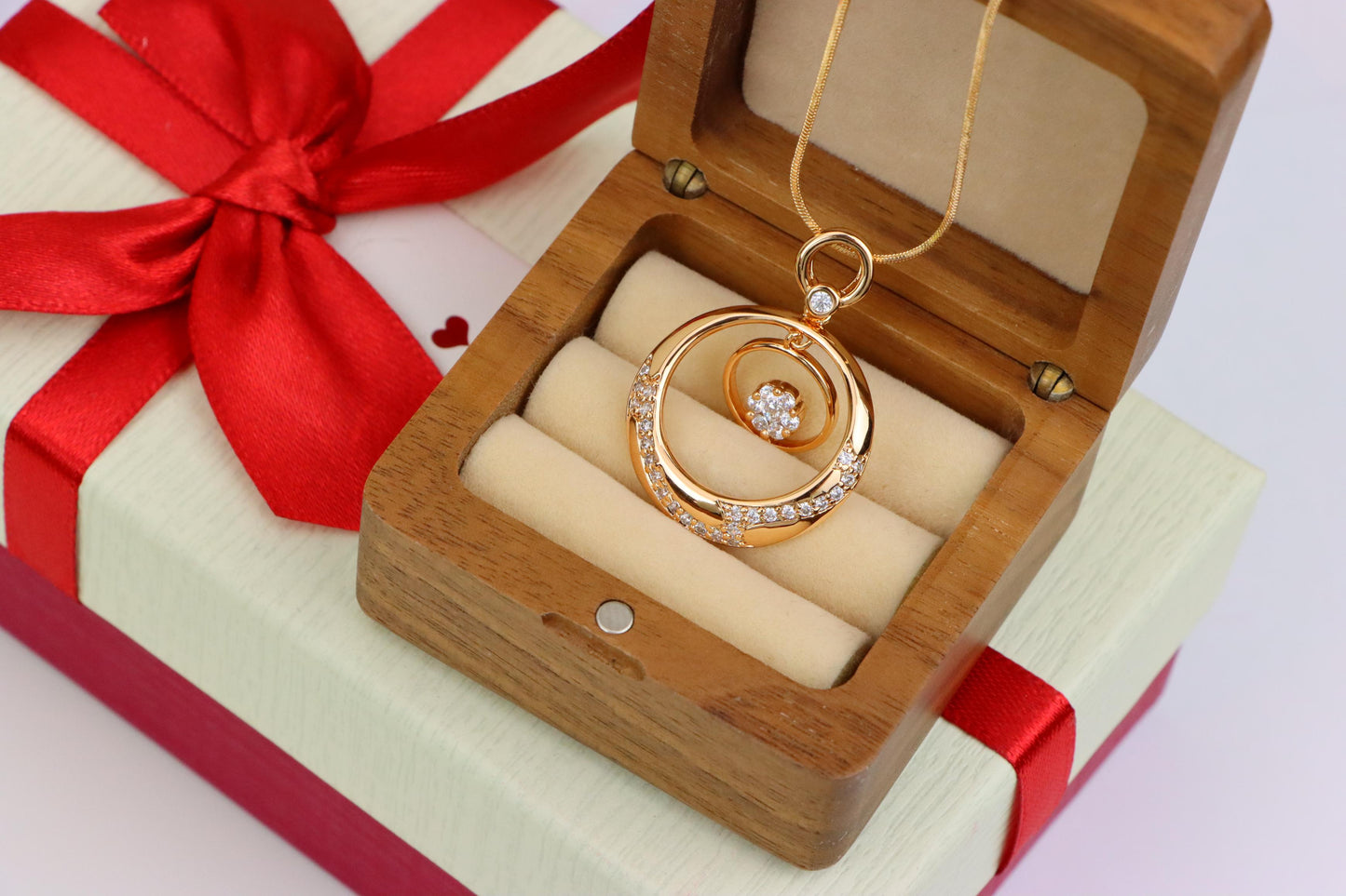 Rose Gold Circular Pendant with Floating Crystal Flower Design, XPPT1487 (2138-6)