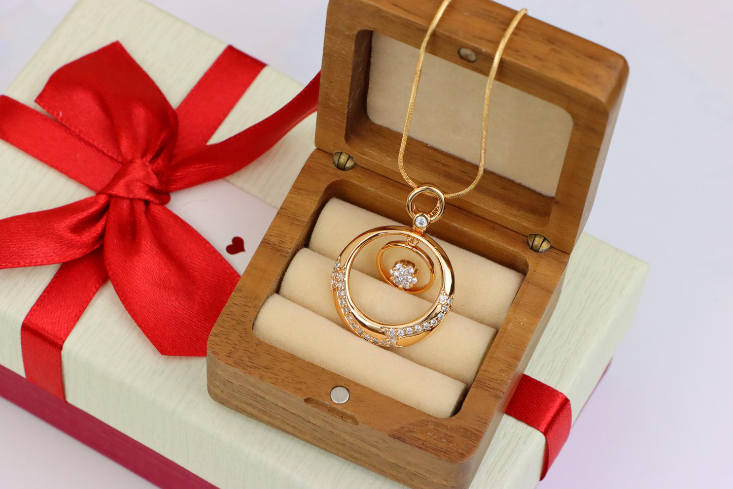 Rose Gold Circular Pendant with Floating Crystal Flower Design, XPPT1487 (2138-6)