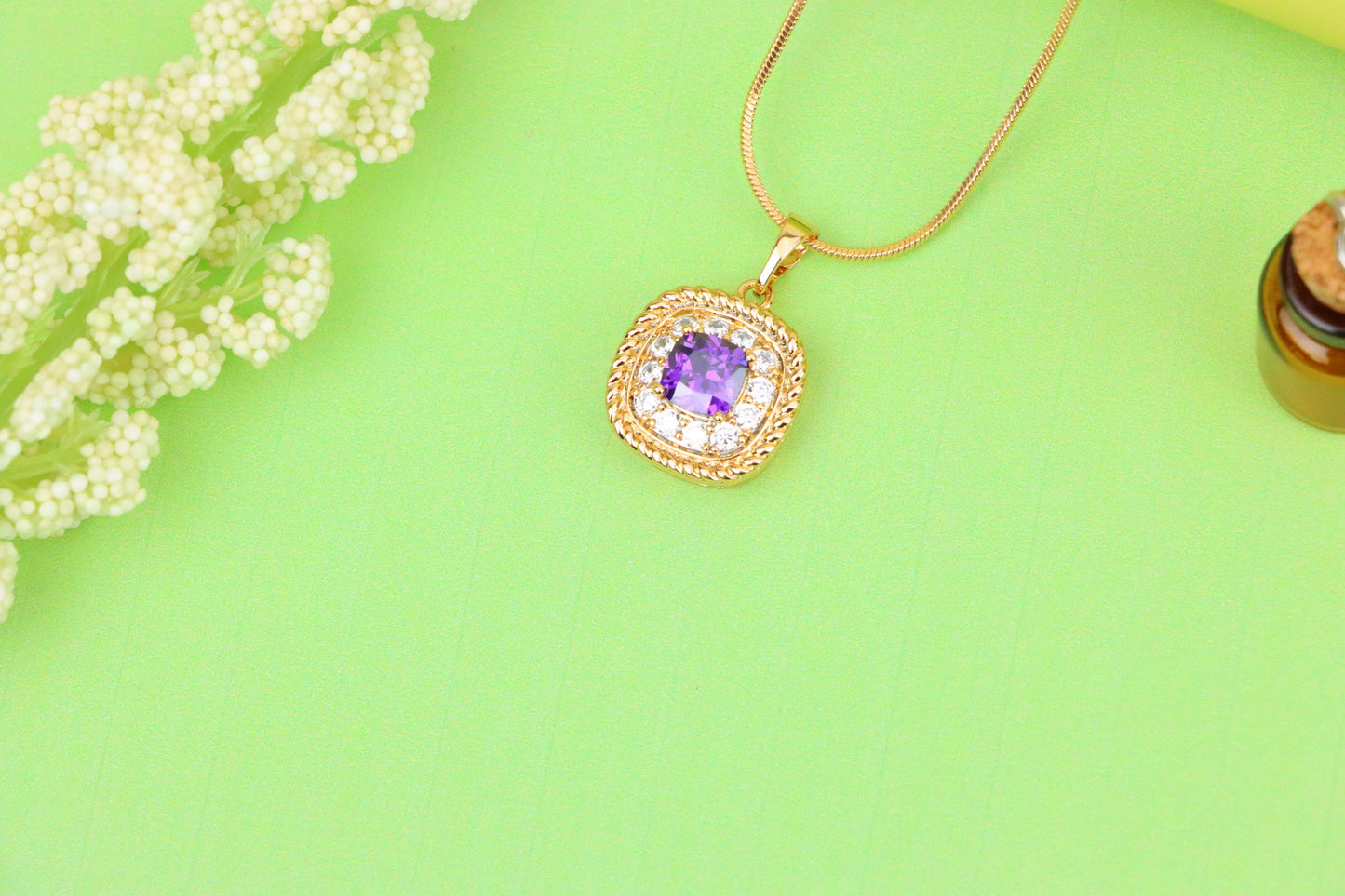 Elegant Purple Square Pendant with Sparkling Border in Gold Finish, XPPT1658 (2163-1)