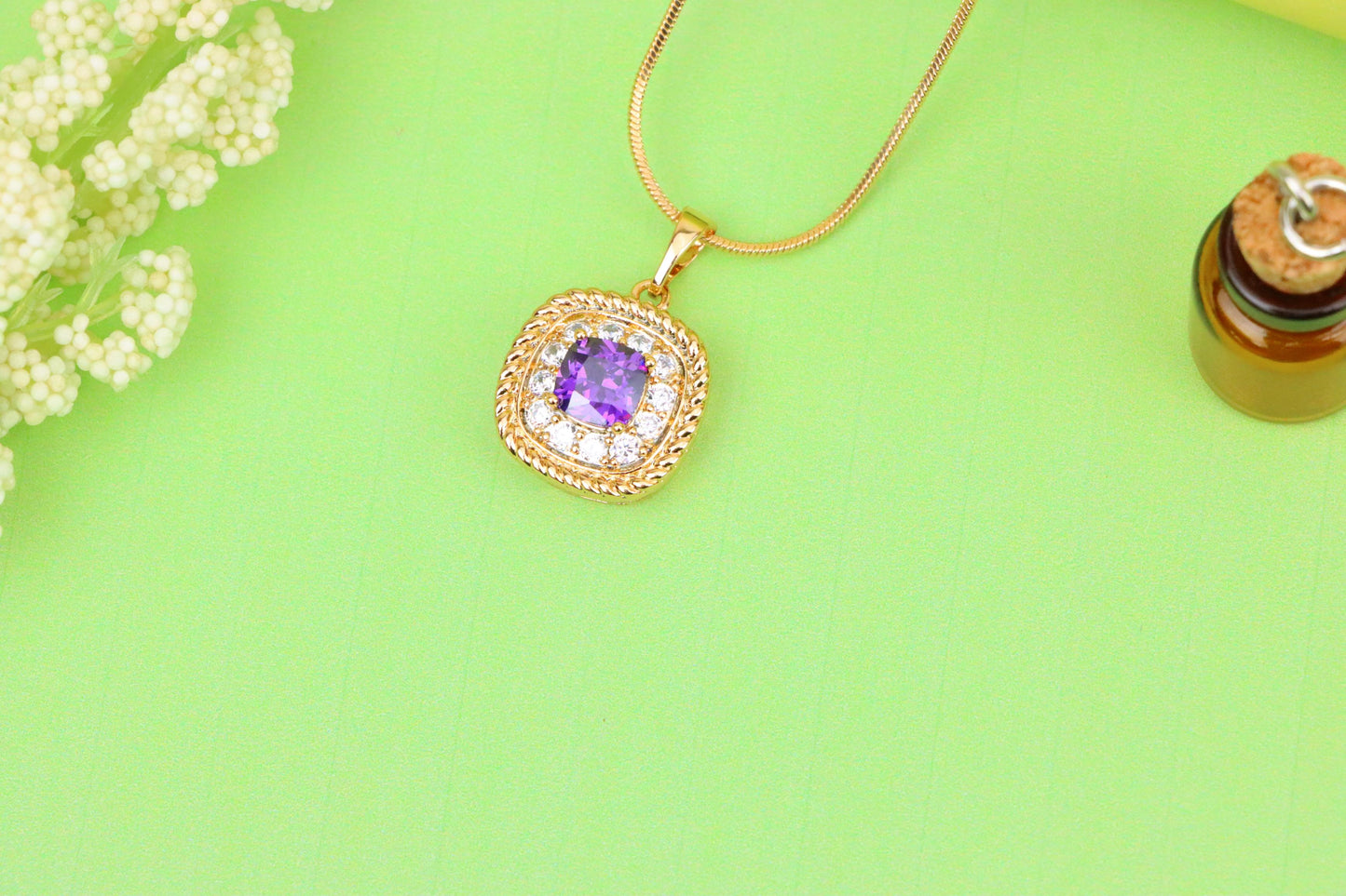 Elegant Purple Square Pendant with Sparkling Border in Gold Finish, XPPT1658 (2163-1)