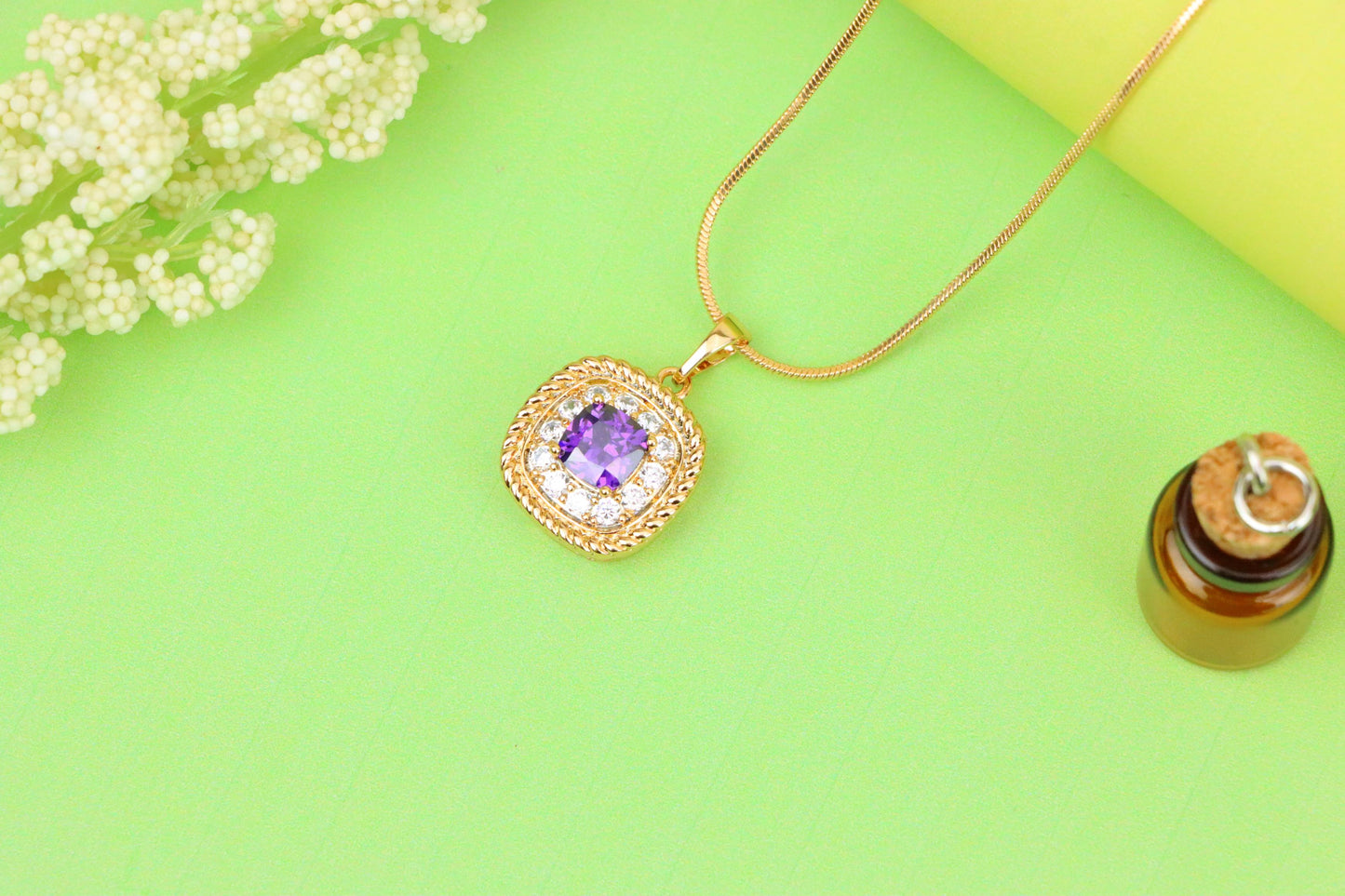 Elegant Purple Square Pendant with Sparkling Border in Gold Finish, XPPT1658 (2163-1)