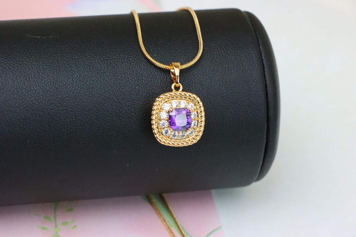Elegant Purple Square Pendant with Sparkling Border in Gold Finish, XPPT1658 (2163-1)