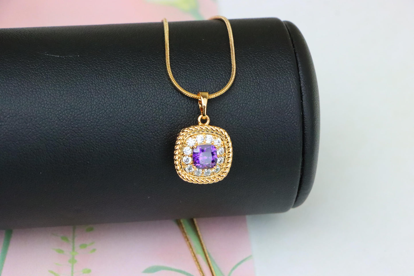 Elegant Purple Square Pendant with Sparkling Border in Gold Finish, XPPT1658 (2163-1)